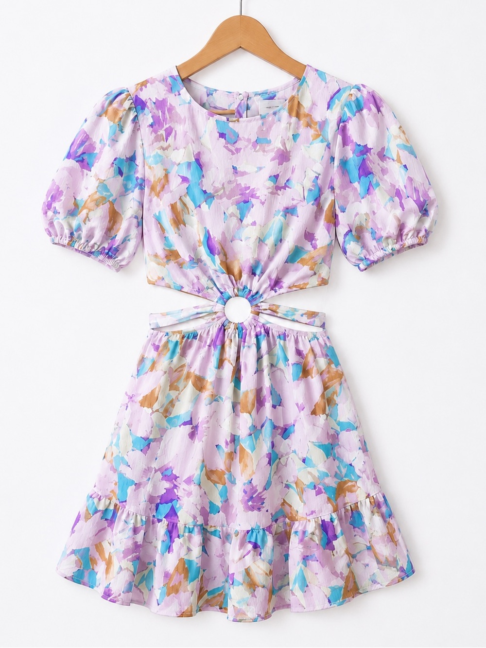 NWT Dress Up Pink Floral Cutout Mini Dress Puff Sleeve Ring Detail Size Small